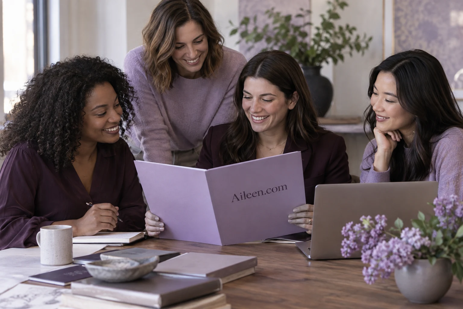 A client services team reviewing work beside Aileen.com branding