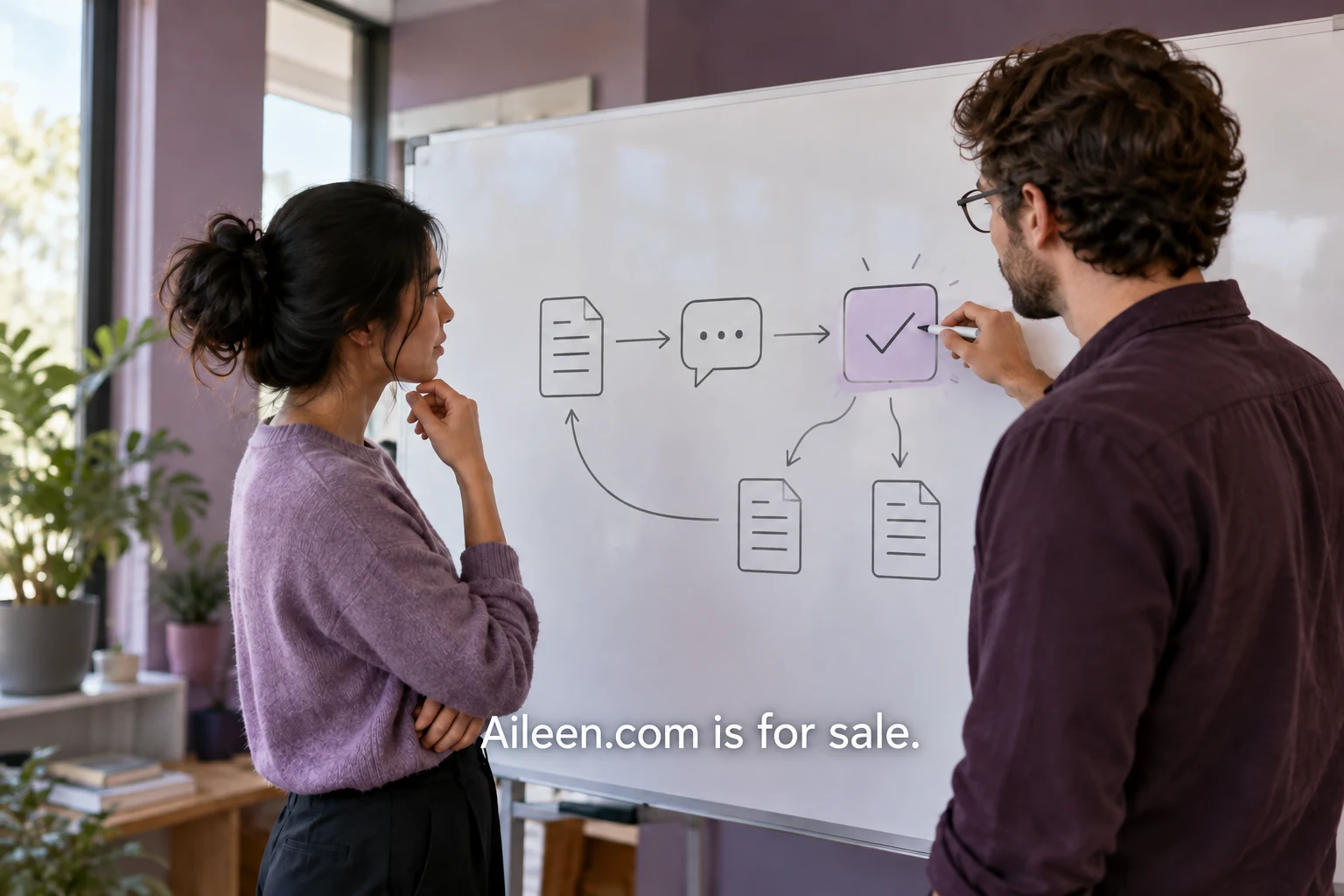 A team arranging an AI workflow with a small Aileen.com is for sale watermark